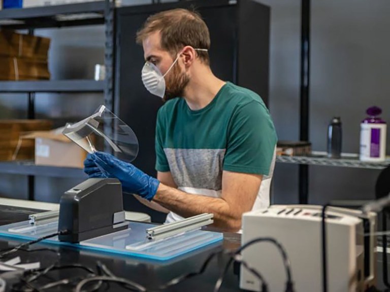 We partnered with local companies Fabri-Kal, Schupan & Sons, and Southwest Michigan First to make face shields during the Covid-19 pandemic.